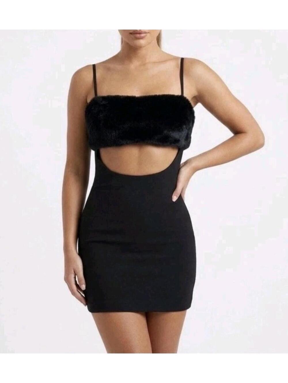 Naked Wardrobe Black Faux Fur Trim Front Size L Cutout Mini Dress NWT #C1